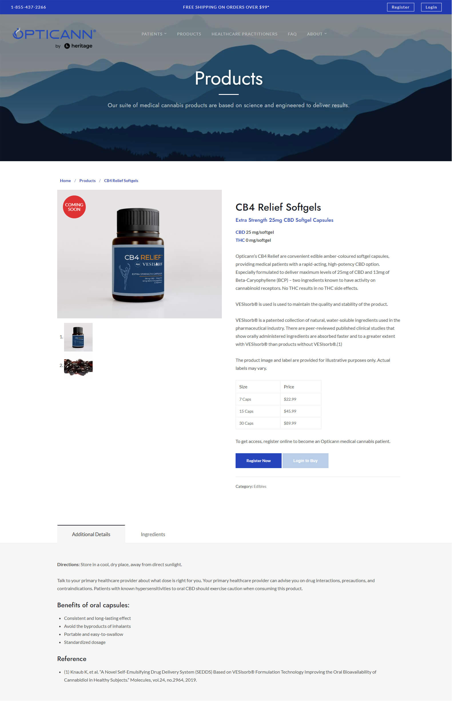 ecommerce cannabis product detail page with options to register/login